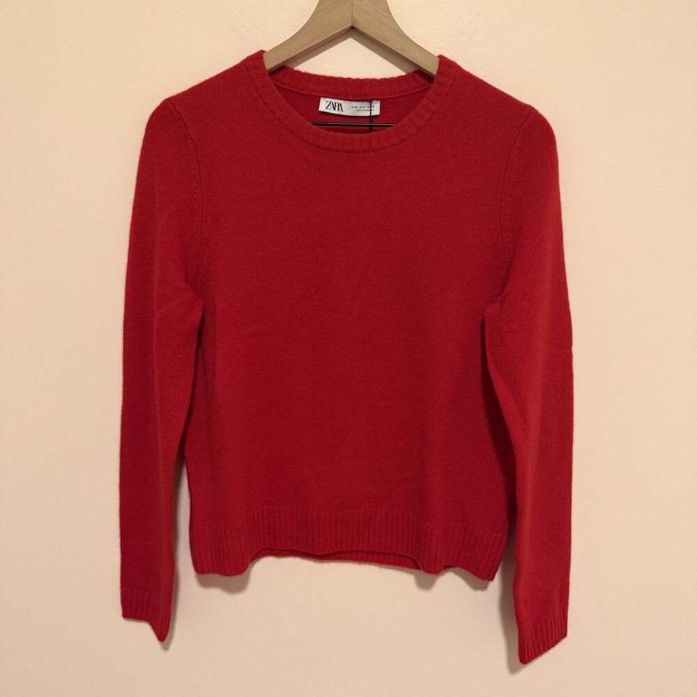 NWT ZARA 100% Wool Red Crewneck Sweater Women's Size Medium